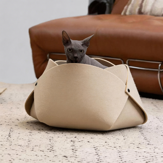 Felt Flower Cat Cave Bed cat sleeping inside enclosed den