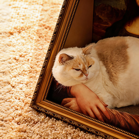 BusyMeow Mona Lisa cat scratcher bed full set — antique gold resin frame leaning against wall