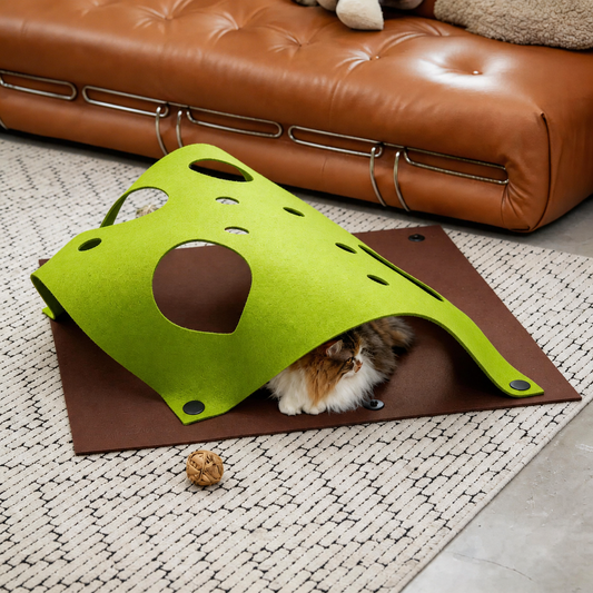 Green Prowlet Felt Play Mat arched as a tunnel with cat inside