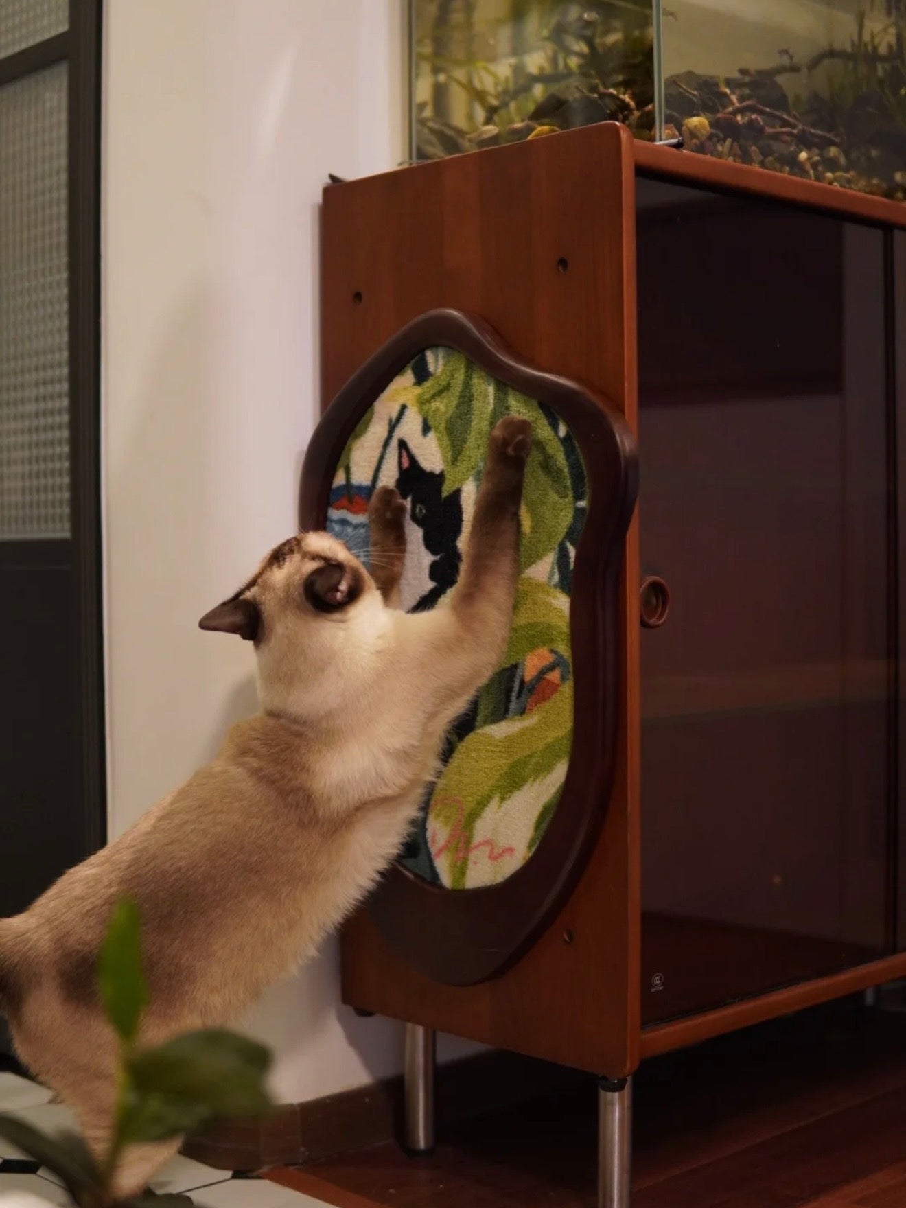 Cat scratching the Cats and Plants Art Print Cat Scratcher beside a wood cabinet