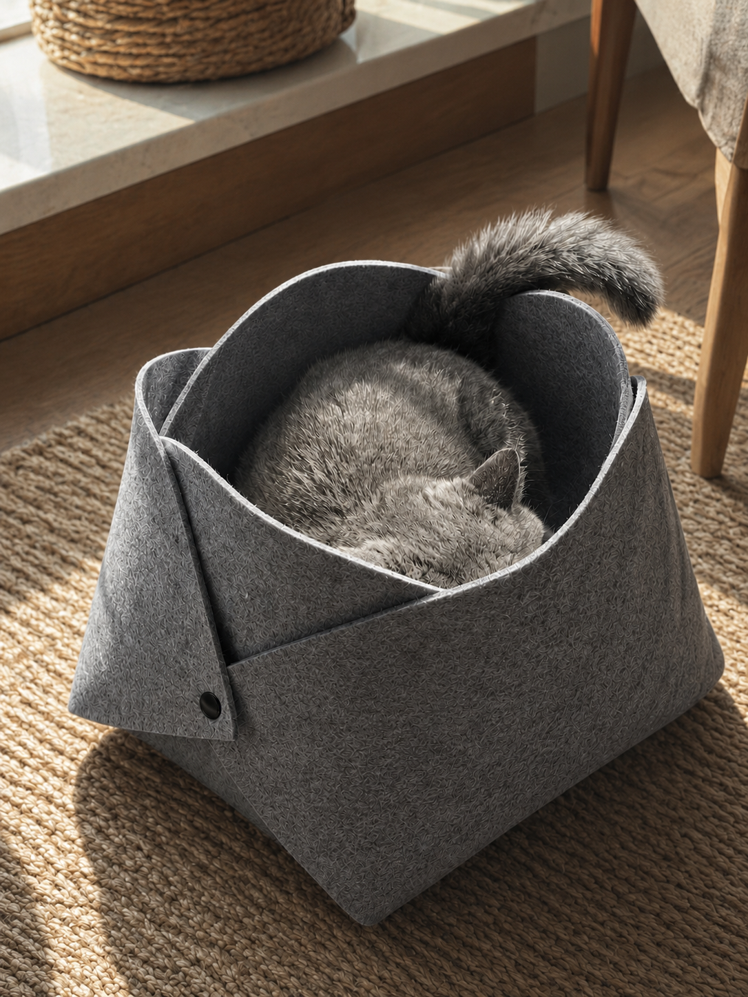 Gray cat resting inside the warm gray Felt Flower Cave Bed