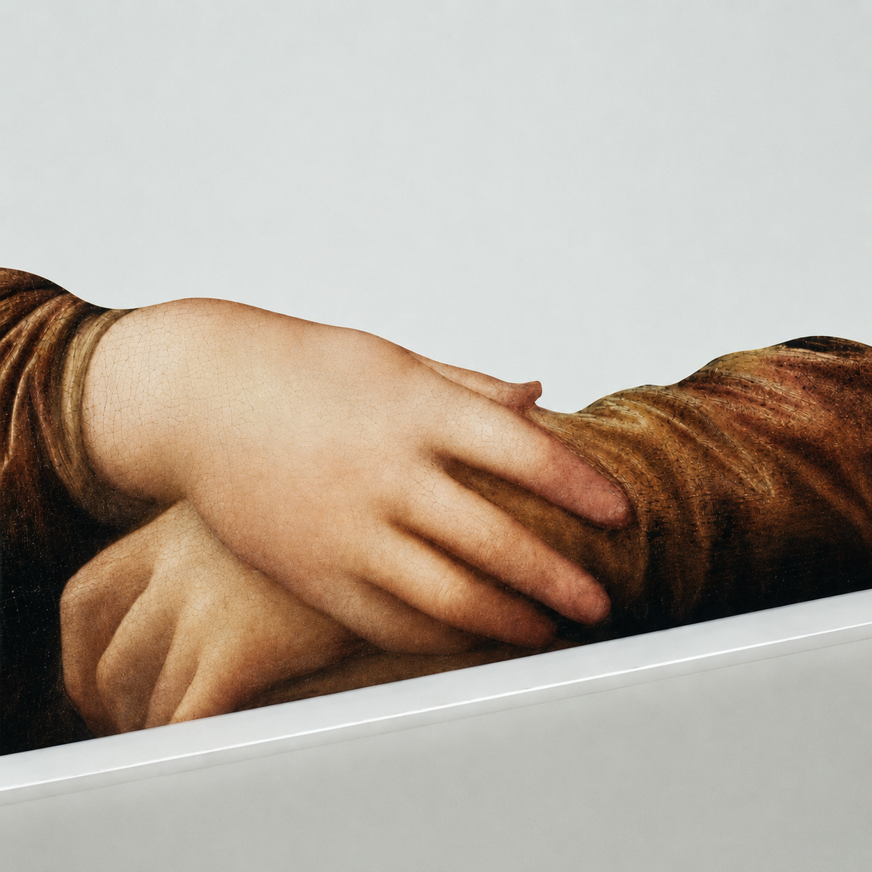 UV printed Mona Lisa hand detail with craquelure texture