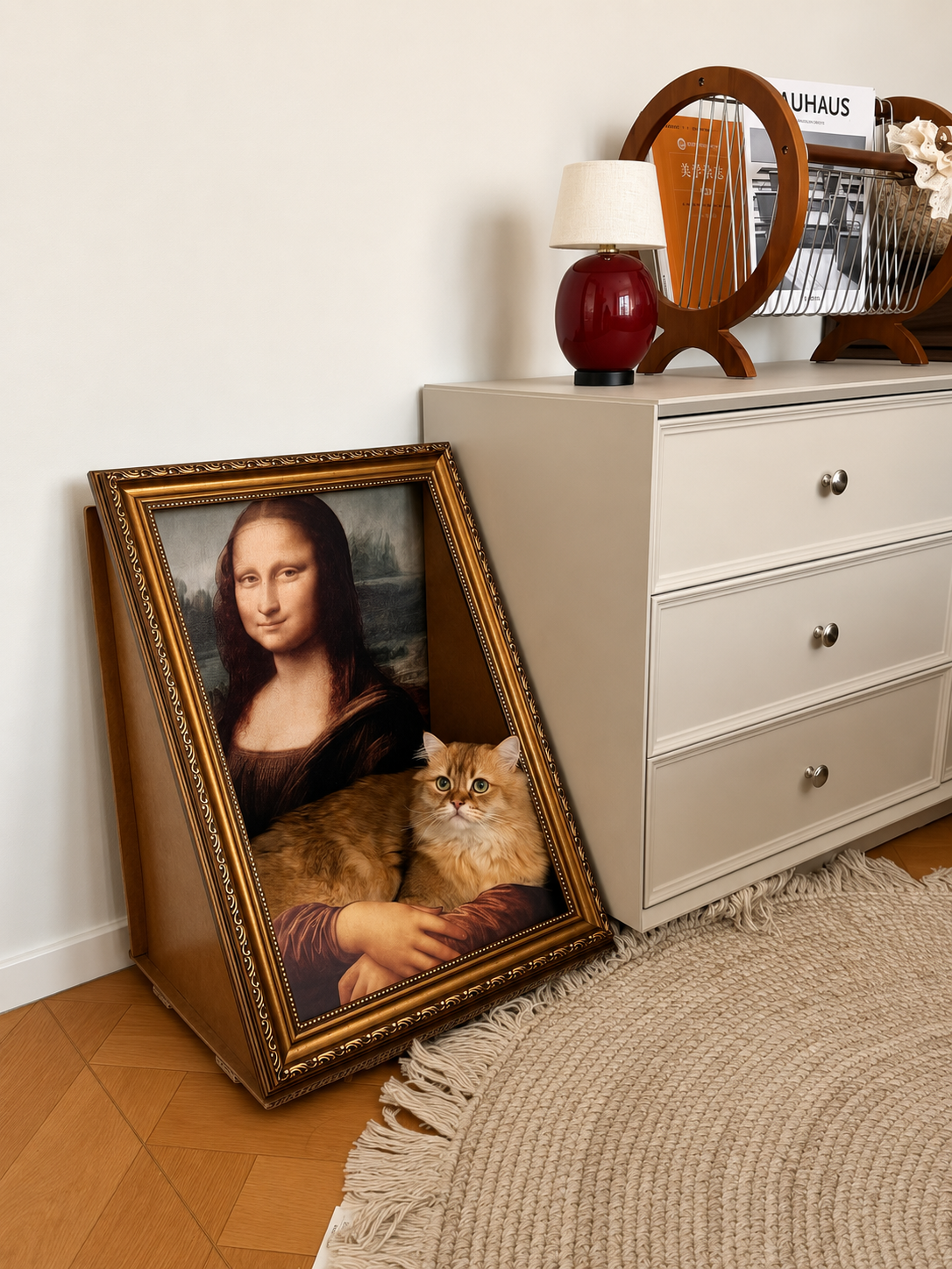 Mona Lisa Scratcher Bed in a home corner with an orange cat