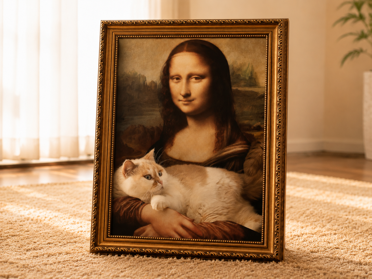 Cream cat resting in a Mona Lisa framed cat scratcher bed