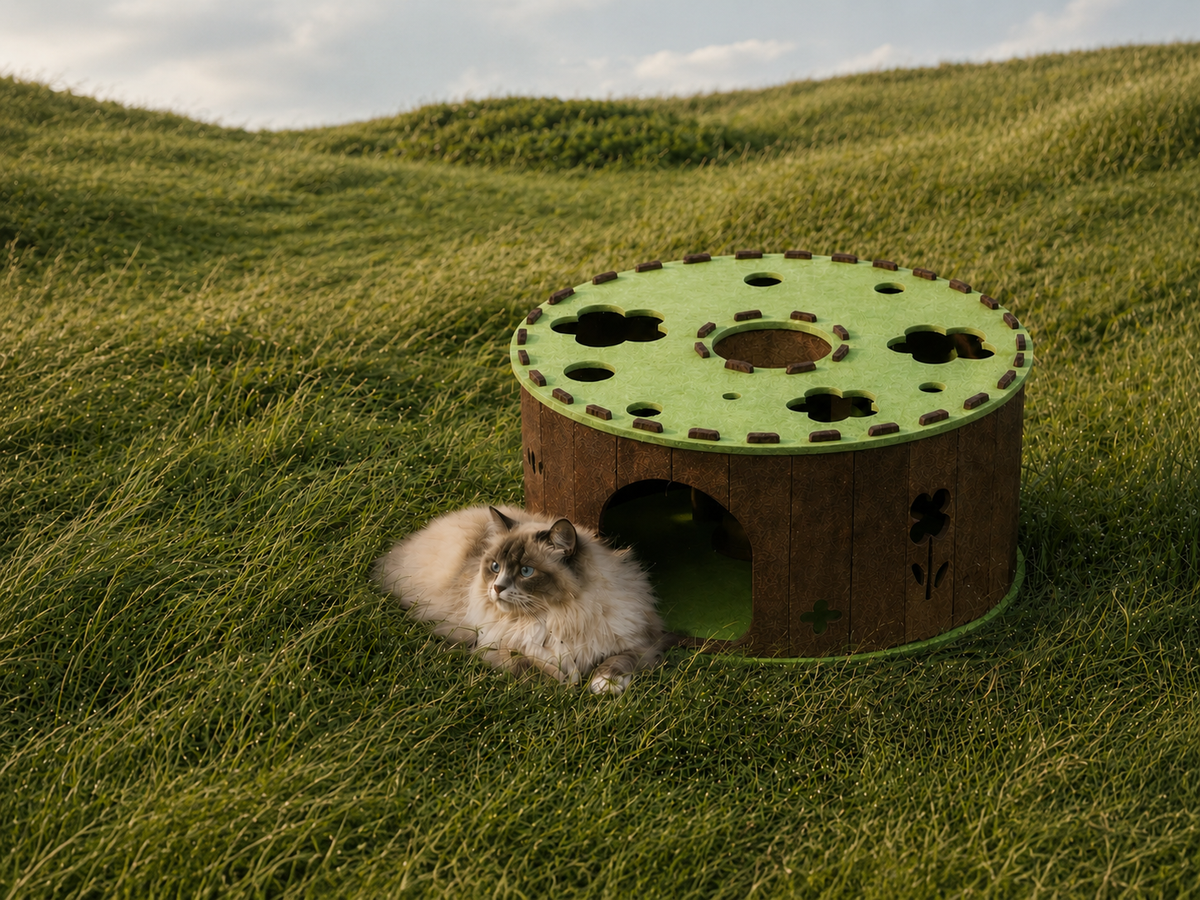 Ragdoll cat resting beside the Garden Tunnel Den felt cat cave