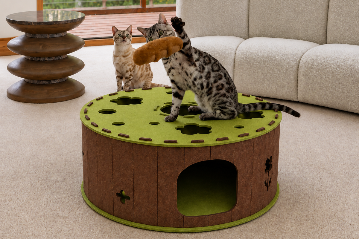 Two cats playing on a Garden Tunnel Den in a sunlit living room