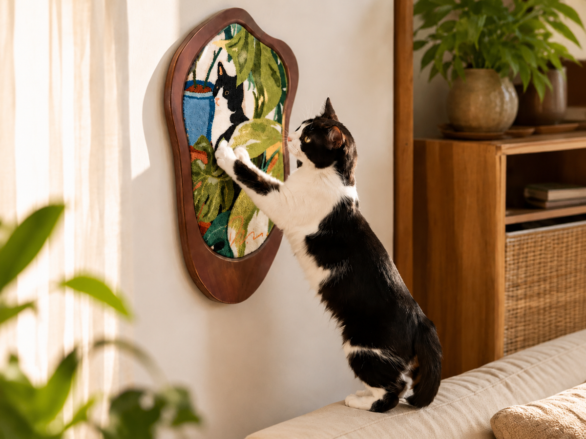 Art Print Cat Scratcher displayed like framed wall art in a home