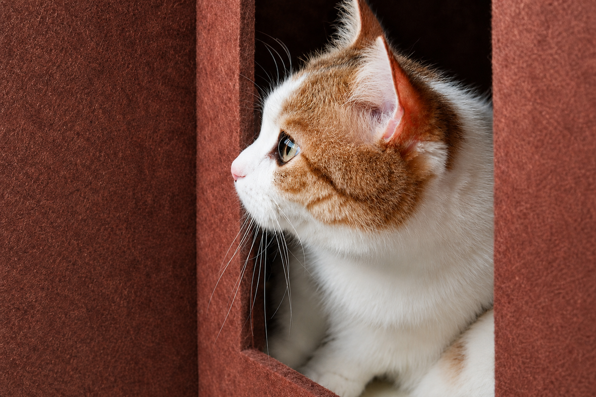Orange and white cat looking out from a brown felt cat house