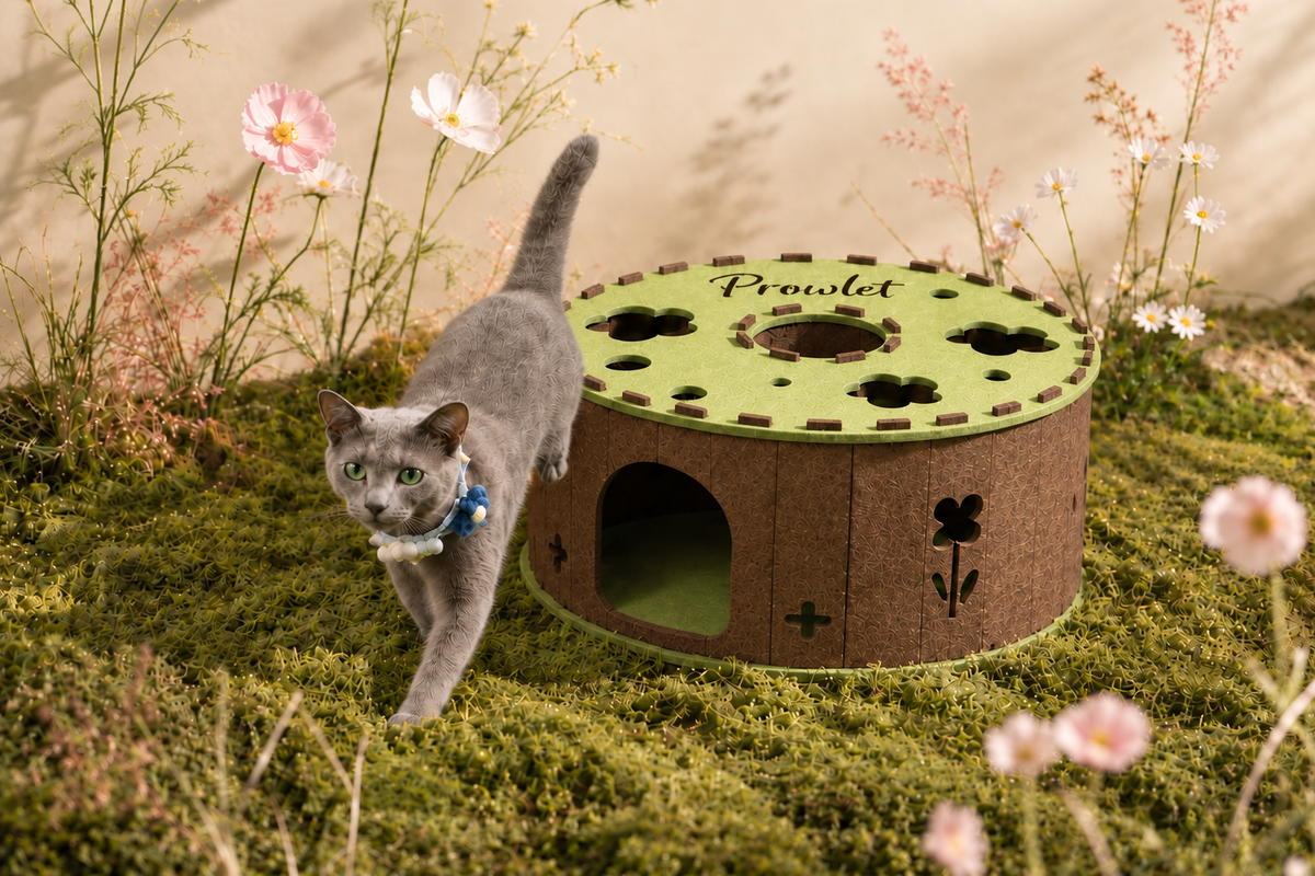 Gray cat walking beside the Garden Tunnel Den among flowers