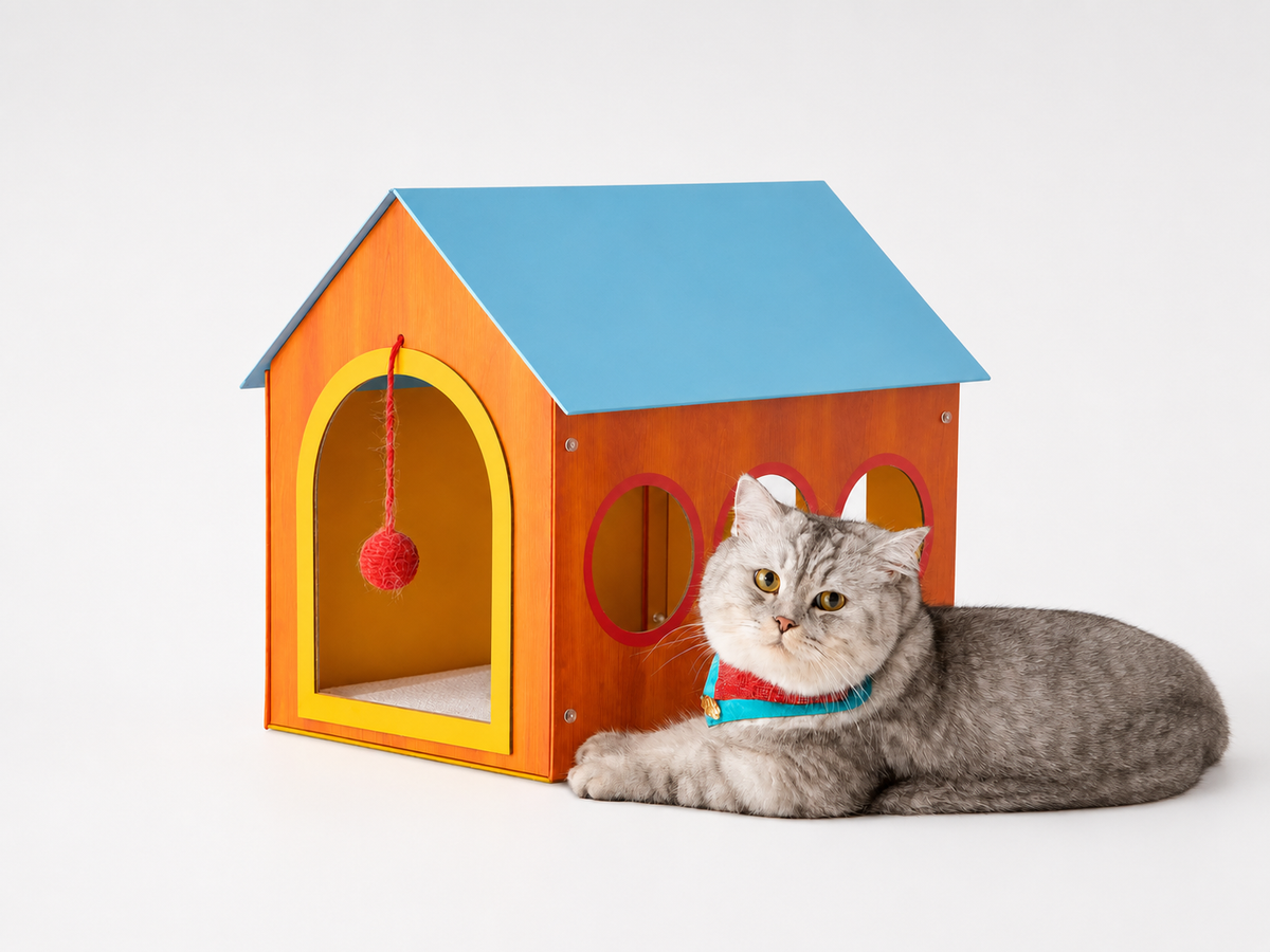 Cat watching its person through a round window in a cat house