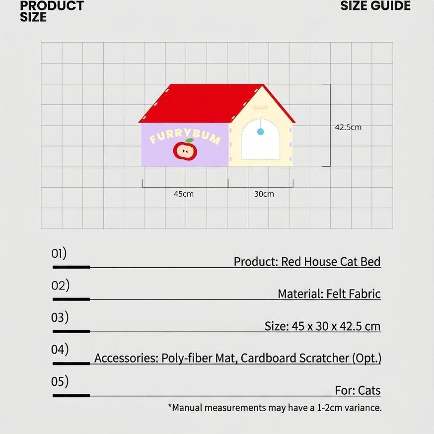 BusyMeow Red House Cat Cave size guide showing 45 × 30 × 42.5 cm felt cat bed for cats up to 10 kg or 22 lbs