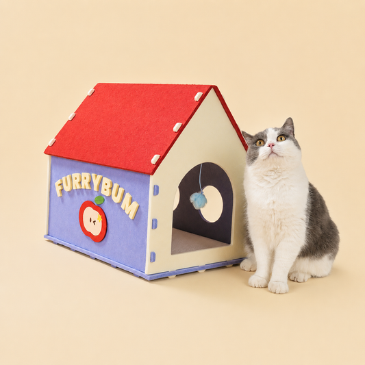 Red House Cat Cave with red roof beside gray and white cat