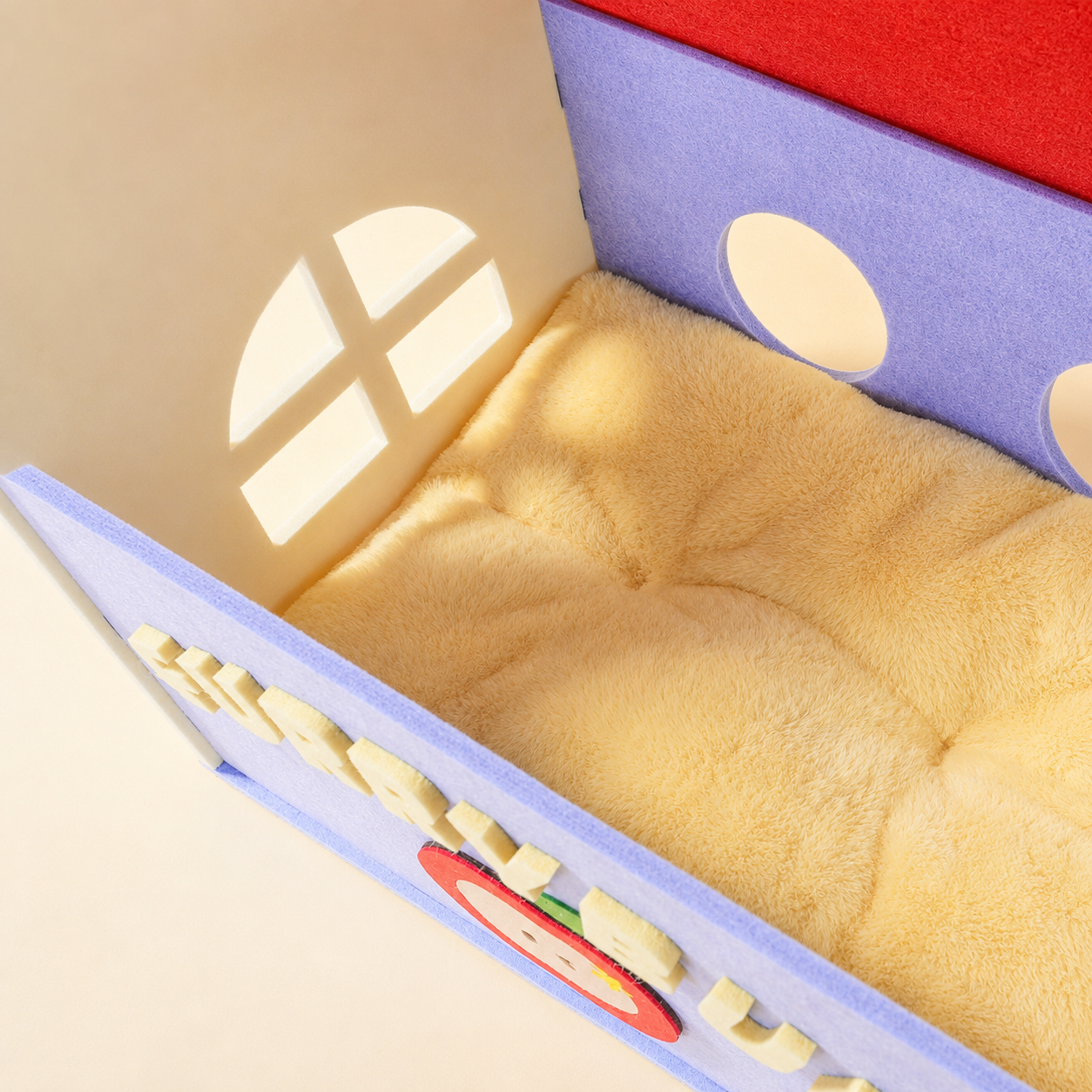 Red House Cat Cave interior with soft yellow cushion and window cutout