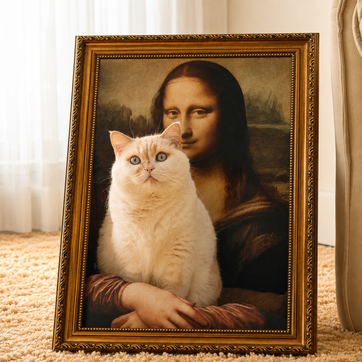Mona Lisa Scratcher Bed with cream cat in antique gold frame