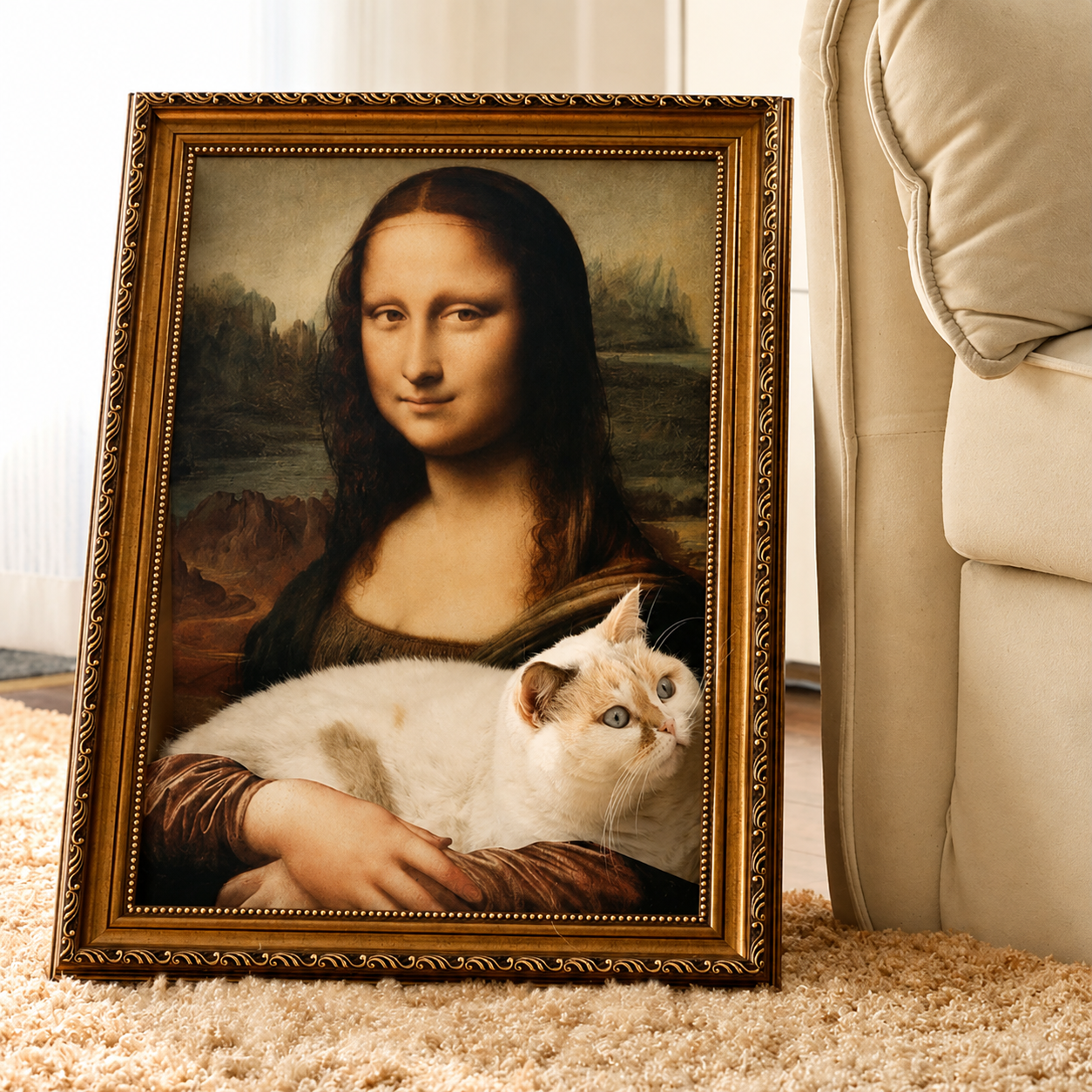 Mona Lisa Scratcher Bed with cat lounging in frame