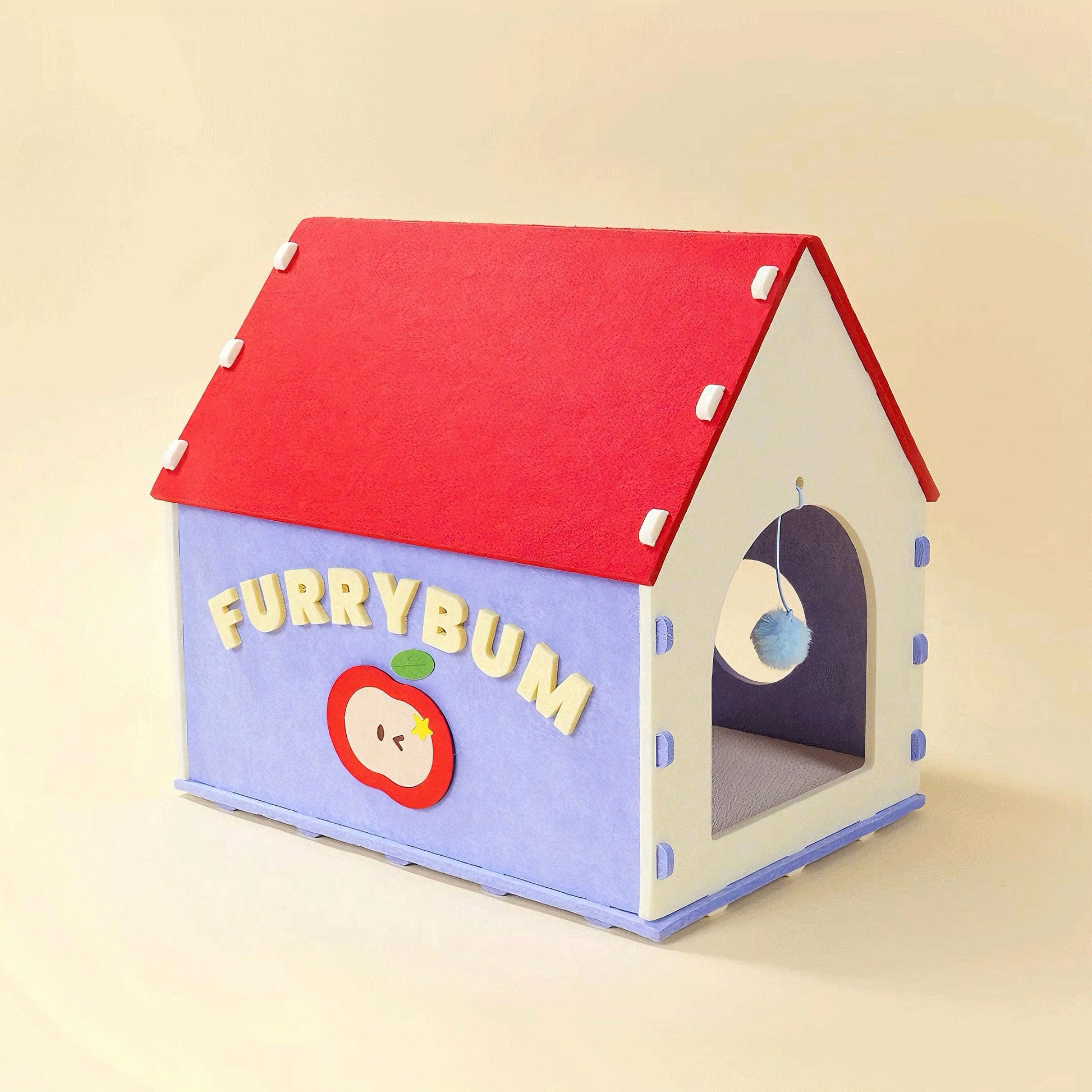 BusyMeow Red House Cat Cave aesthetic felt cat cottage with red roof, apple detail and hanging toy