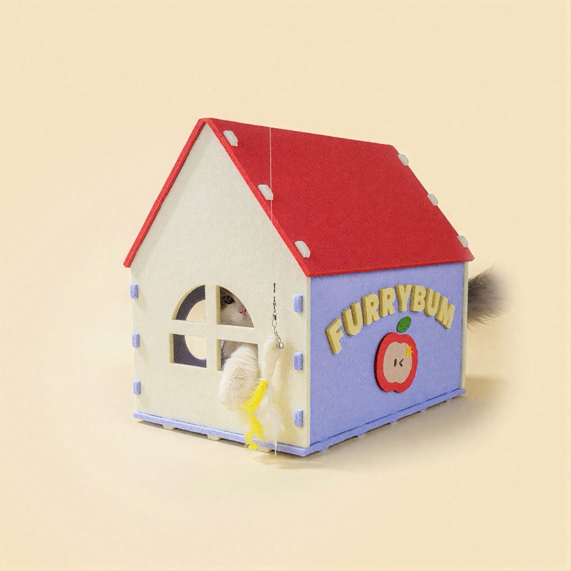 BusyMeow Red House Cat Cave enclosed cat furniture with side window and indoor cat playing inside