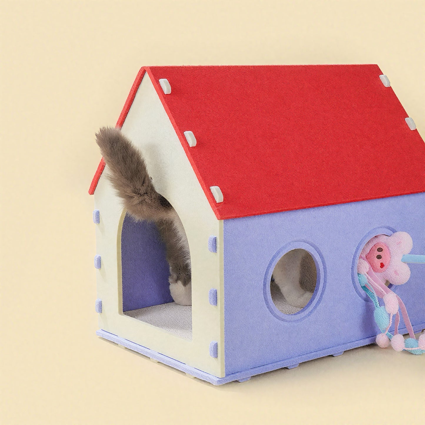 BusyMeow Red House Cat Cave modern home cat house with porthole window, toy and chonky cat tail inside