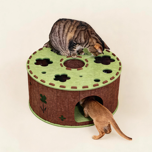 Two cats playing on BusyMeow Garden Tunnel Den, tabby cat pouncing on top while kitten enters side arched door