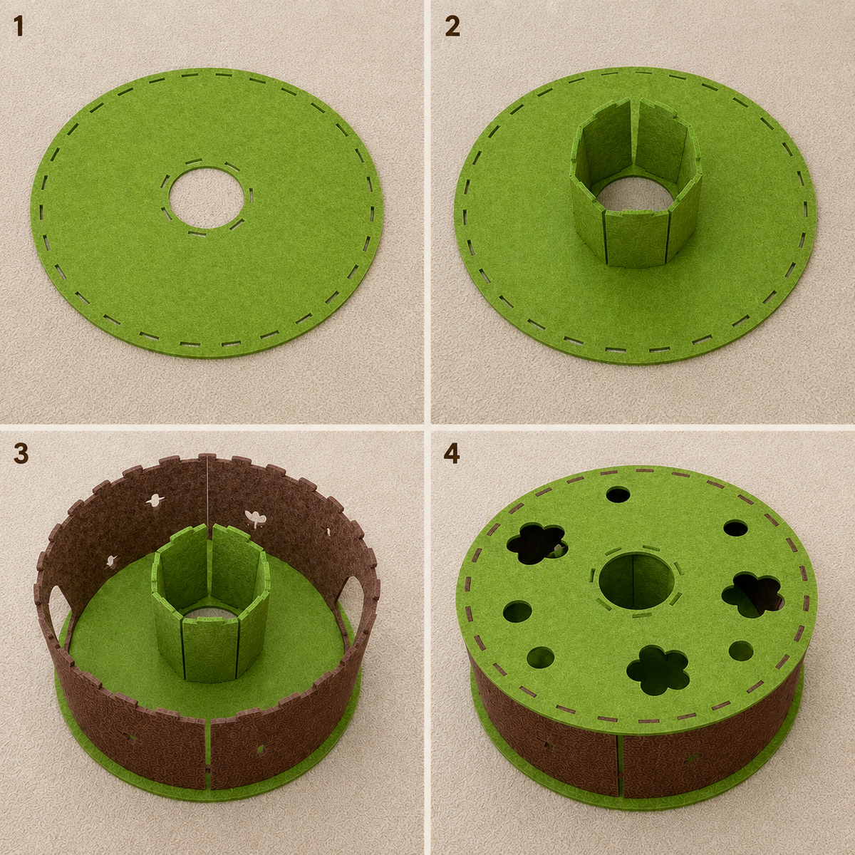 Four step assembly guide for the Garden Tunnel Den felt cat cave