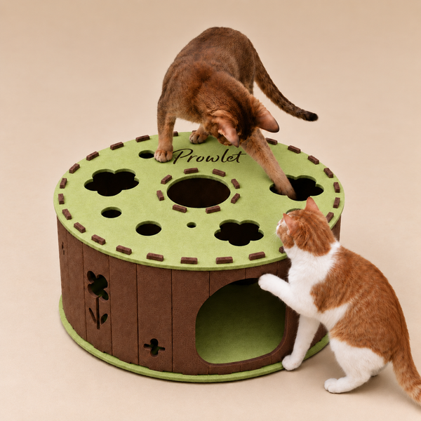 Two cats pawing through the Garden Tunnel Den peek holes and side entrance