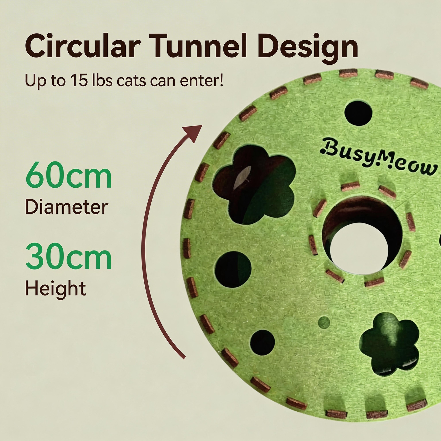 BusyMeow Garden Tunnel Den holds cats up to 15 lbs (6.8 kg), durable felt cat cave construction