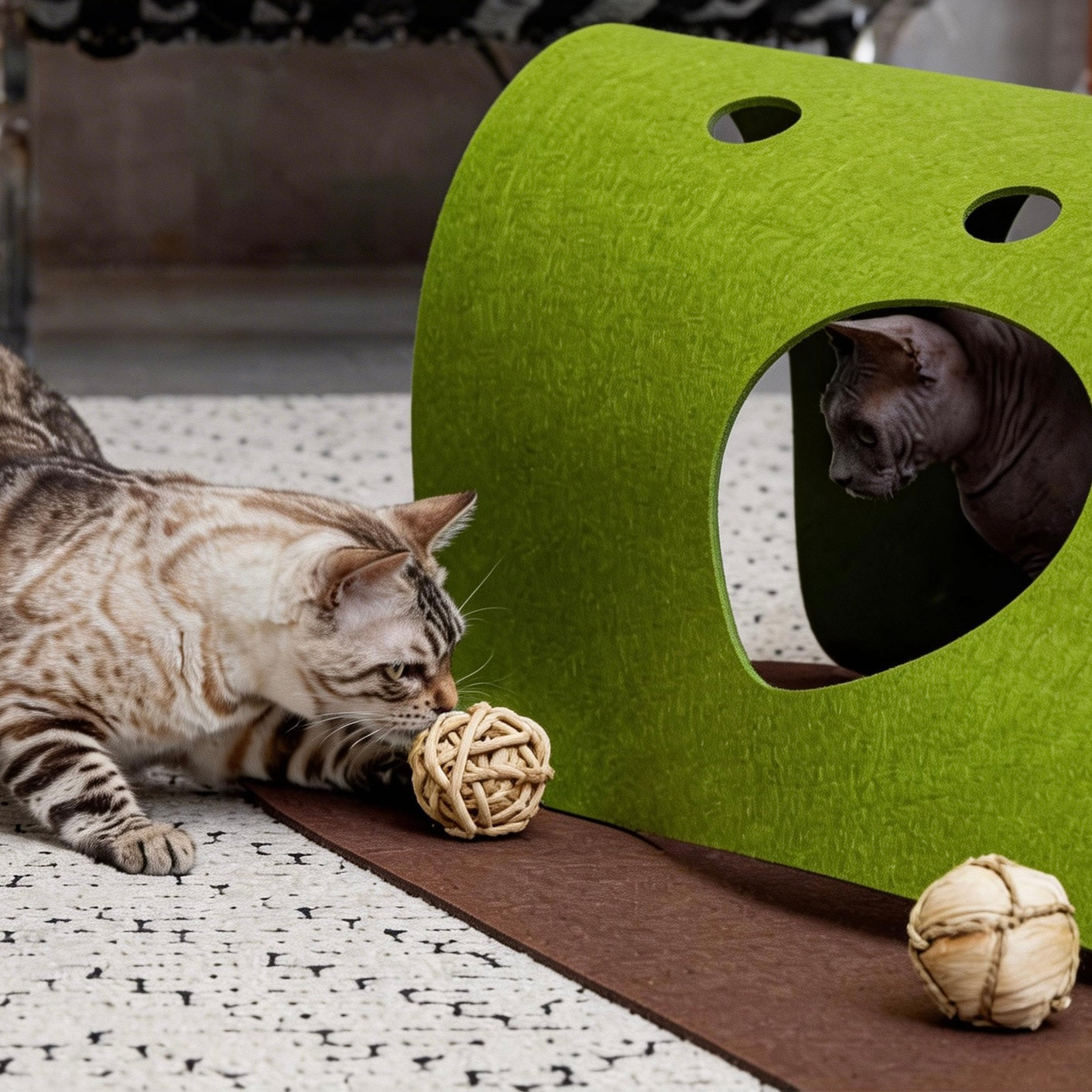 Felt Play Mat arched into tunnel with cat inside