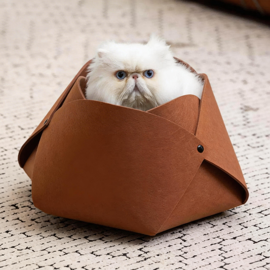 BusyMeow Felt Flower Cat Cave Bed caramel brown cat inside
