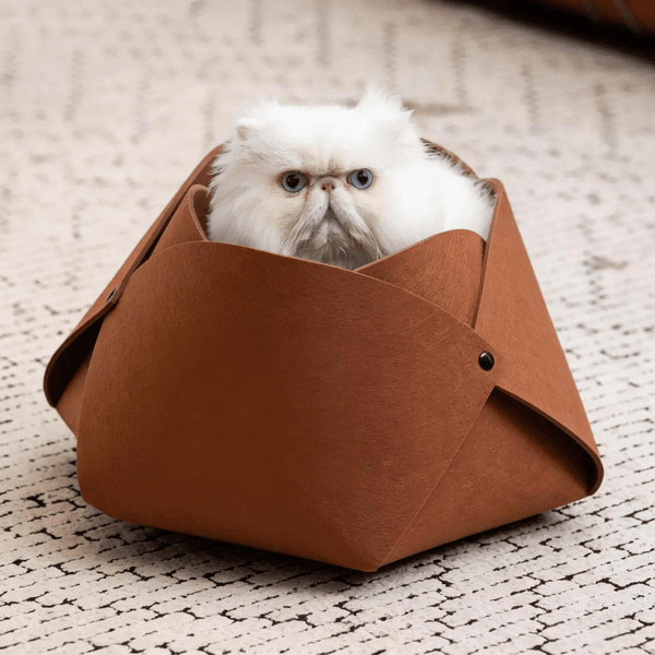 Prowlet Felt Flower Cat Cave Bed caramel brown cat inside