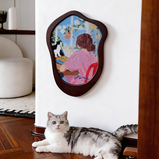 Cat scratcher wall art — Reading Time design mounted on white wall