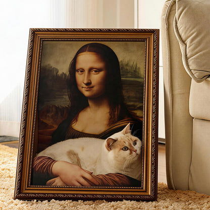Cat inside Mona Lisa frame cat scratcher bed — 3D illusion cat furniture for art lovers