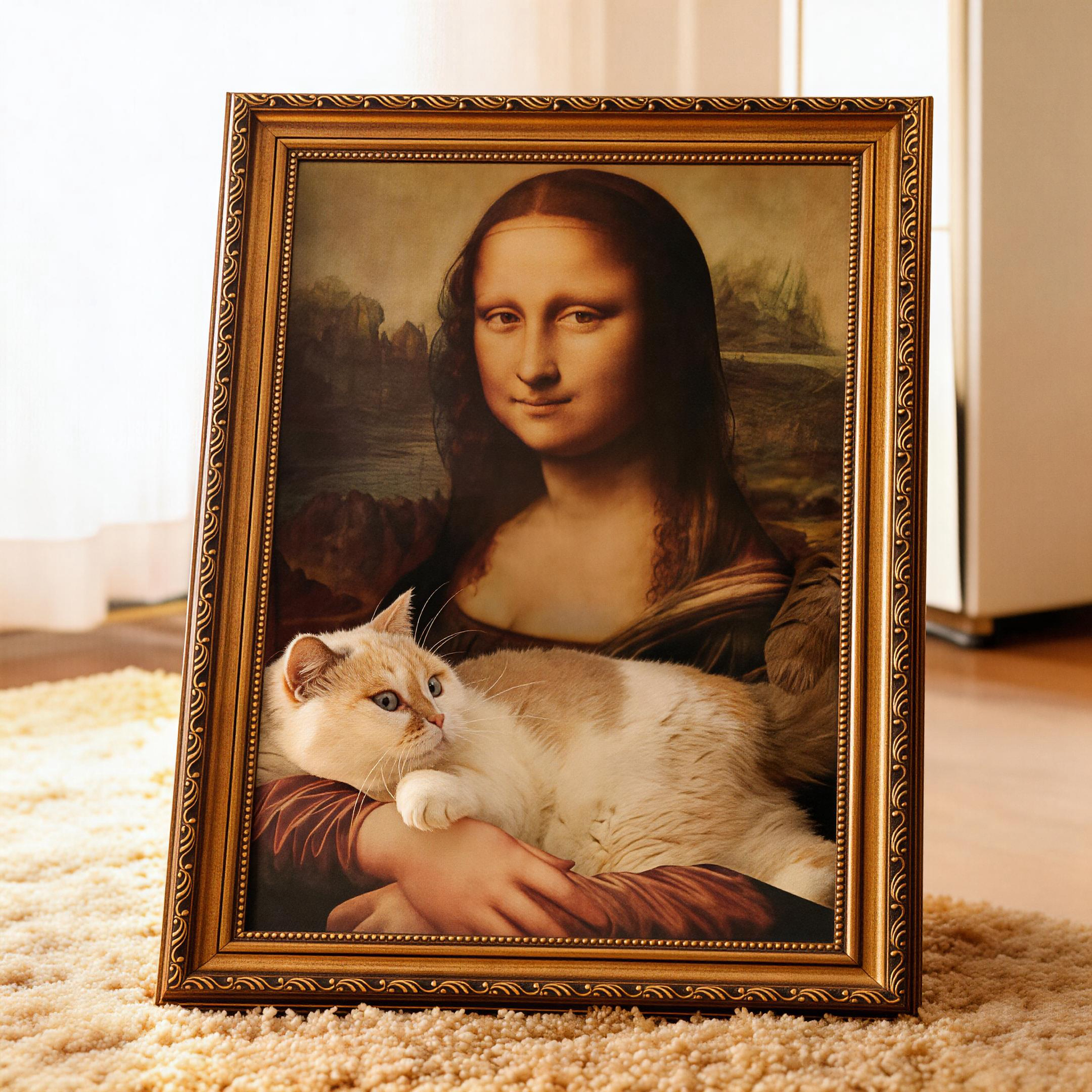 3D Mona Lisa acrylic art panel for cat scratcher bed — UV-printed with oil painting craquelure