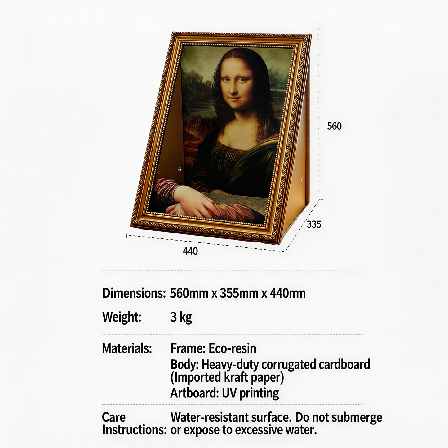 Mona Lisa cat scratcher bed dimensions and materials diagram showing 560 x 355 x 440 mm size and 3 kg weight