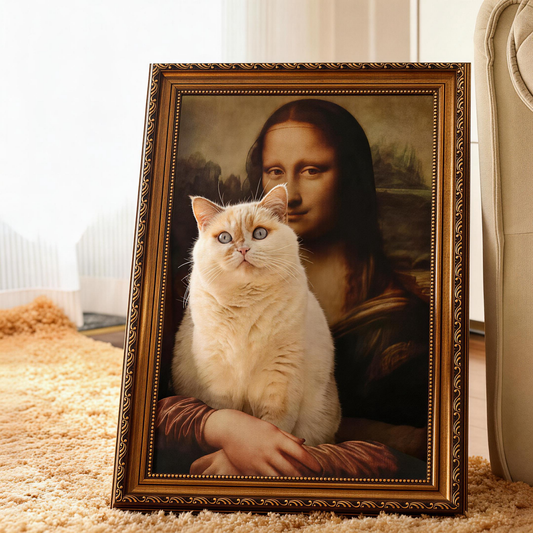 Mona Lisa cat scratcher bed with antique gold frame — white cat inside 3D art illusion