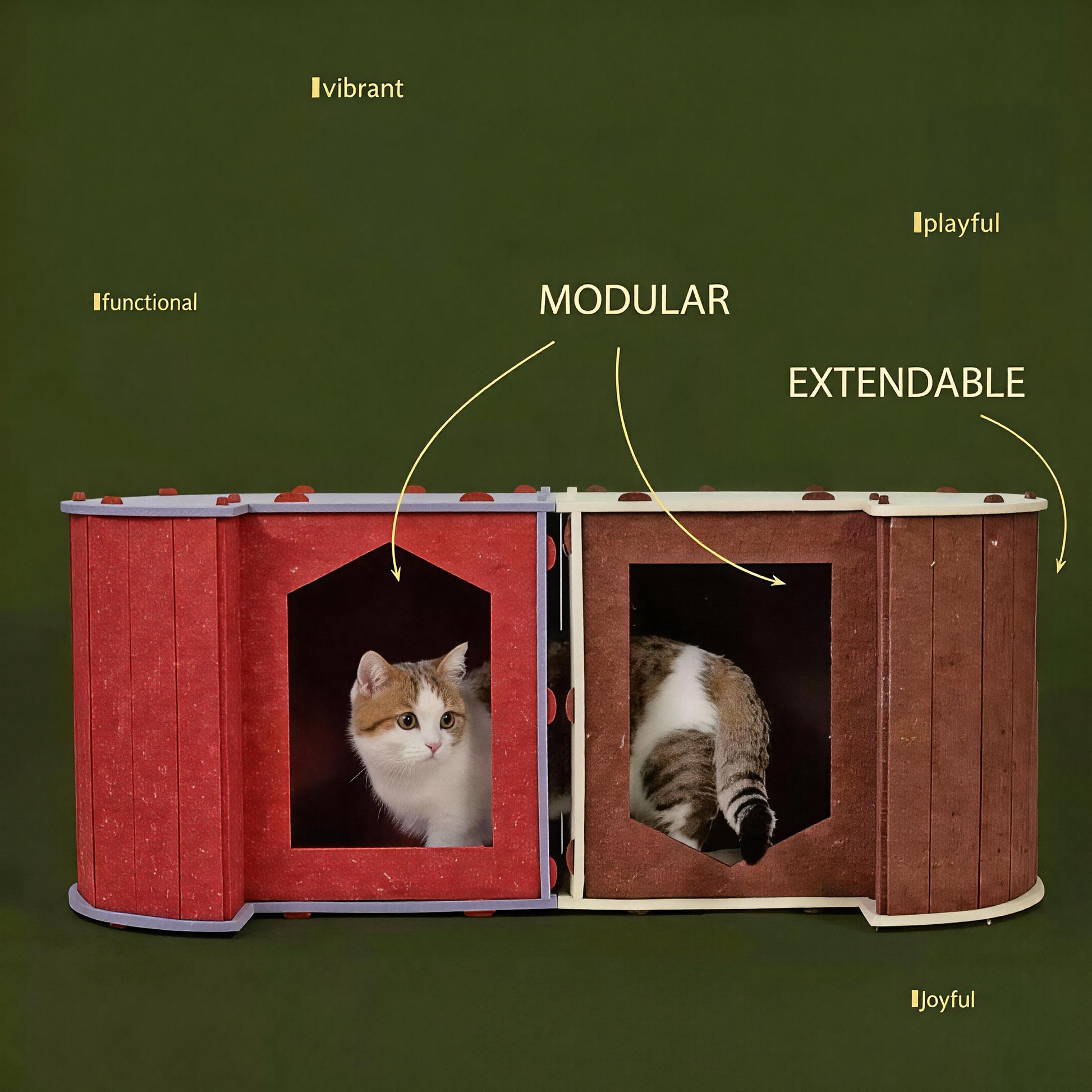 Modular extendable cat house setup, BusyMeow felt cat caves connected with dual entries for multi-cat play