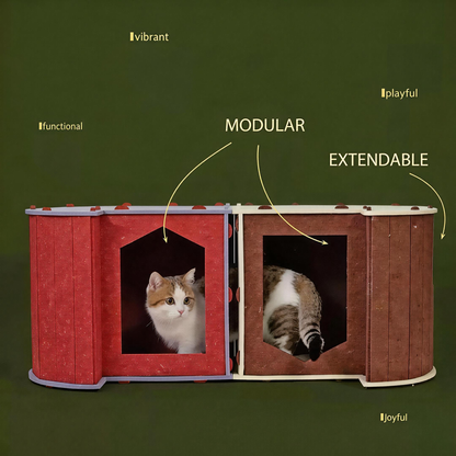 Modular extendable cat house setup, BusyMeow felt cat caves connected with dual entries for multi-cat play