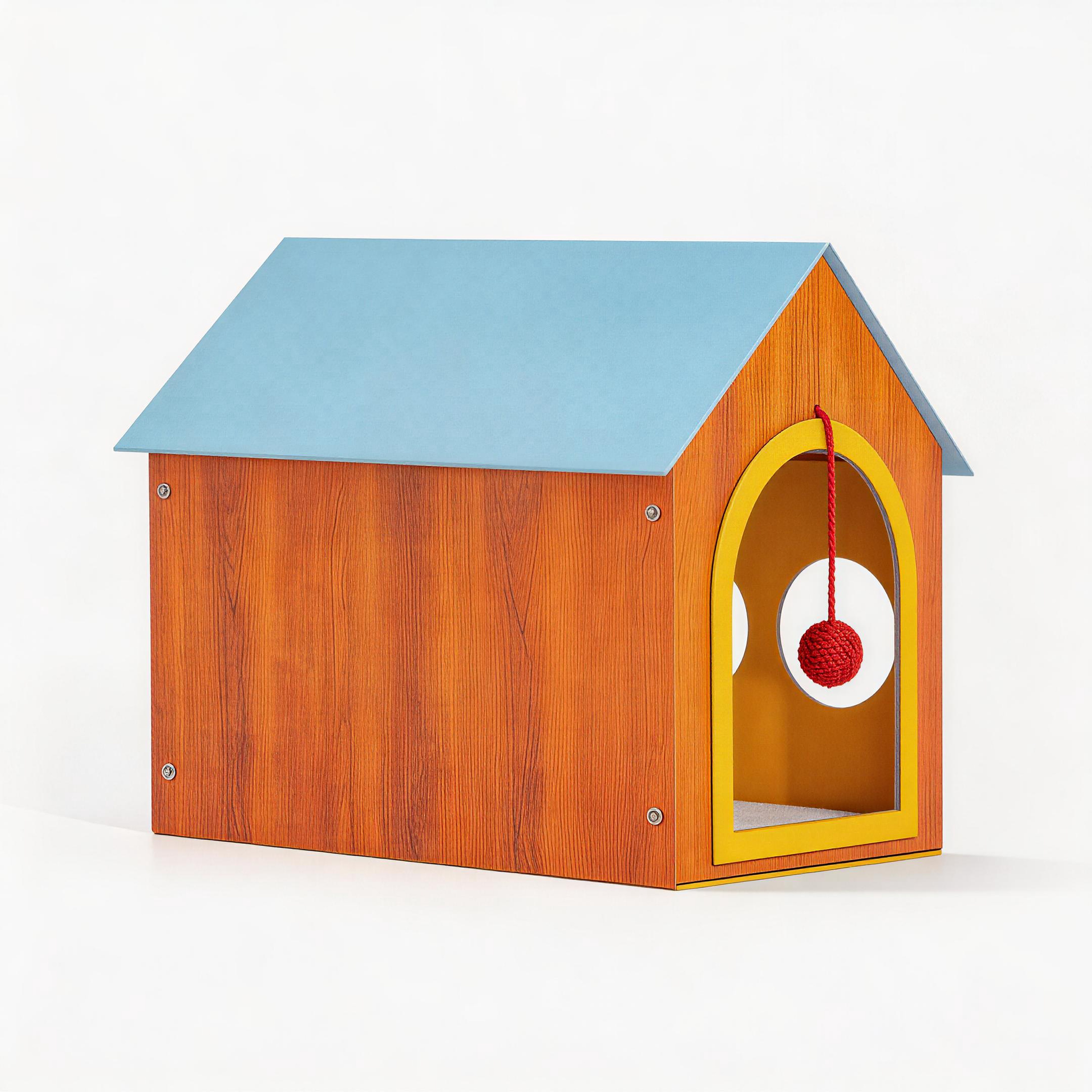 BusyMeow Meow Cottage side view showing solid wood wall and arched entry for indoor cats