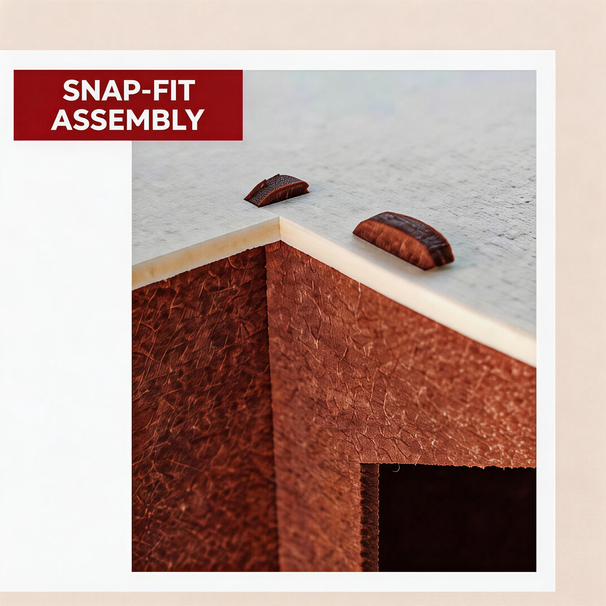 Snap-fit tool-free assembly pegs, close-up of BusyMeow modular cat house felt construction