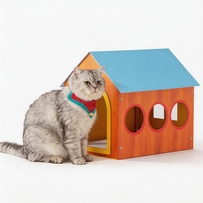 Indoor cat relaxing next to BusyMeow Meow Cottage aesthetic wood cat furniture with porthole windows