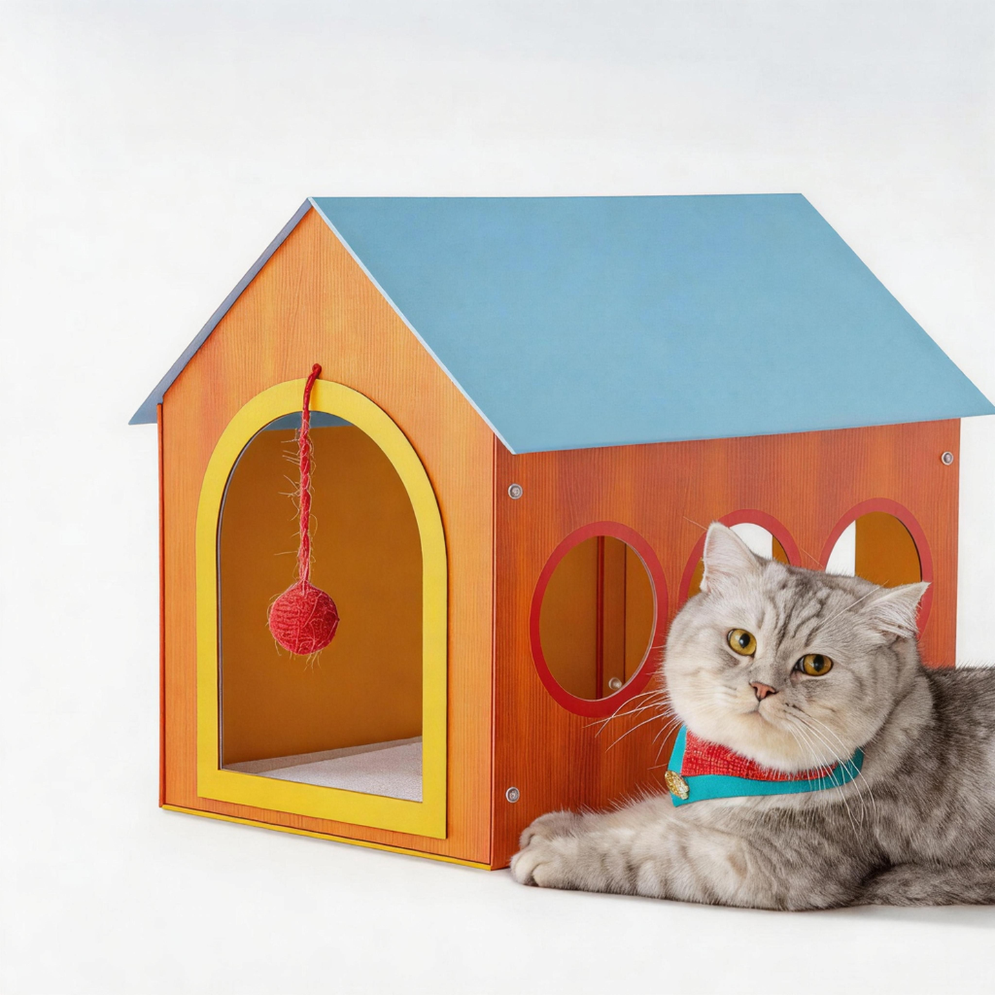 British Shorthair cat resting beside BusyMeow Meow Cottage handcrafted wood cat villa