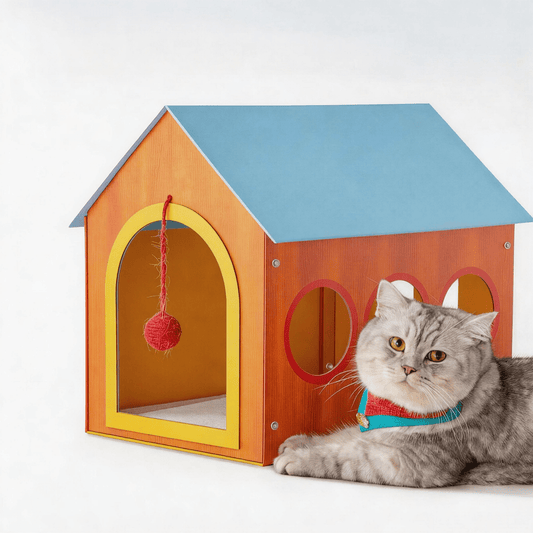 British Shorthair cat resting beside Prowlet Meow Cottage handcrafted wood cat villa