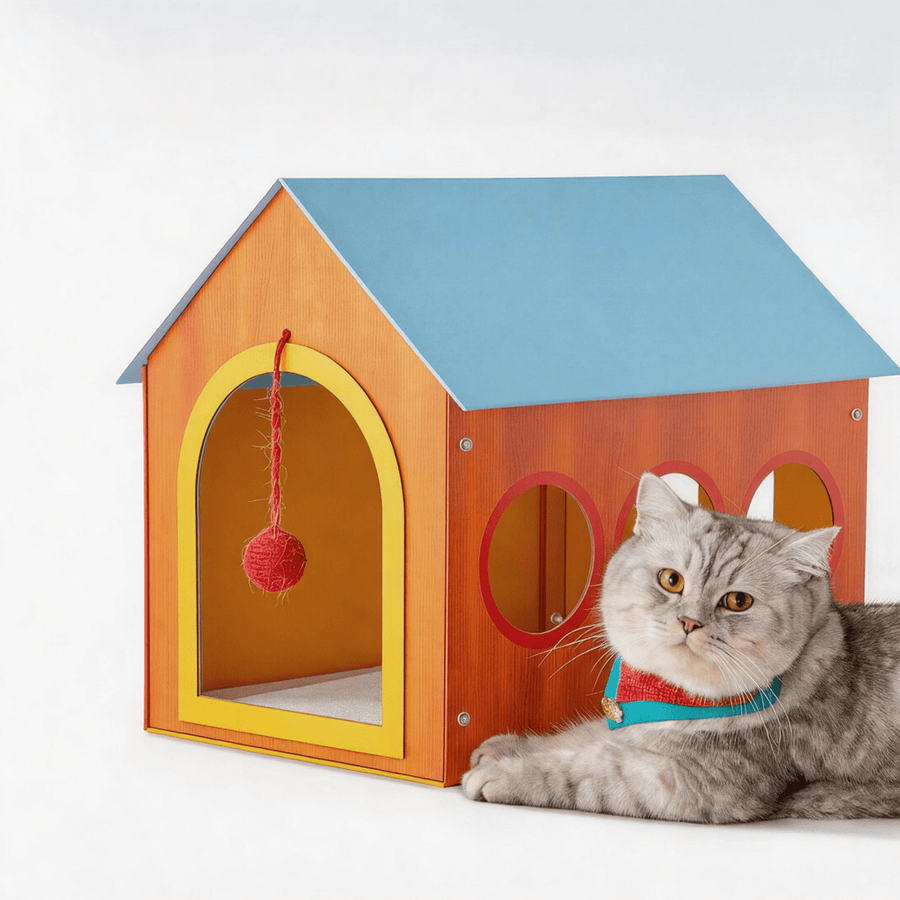 British Shorthair cat resting beside Prowlet Meow Cottage handcrafted wood cat villa