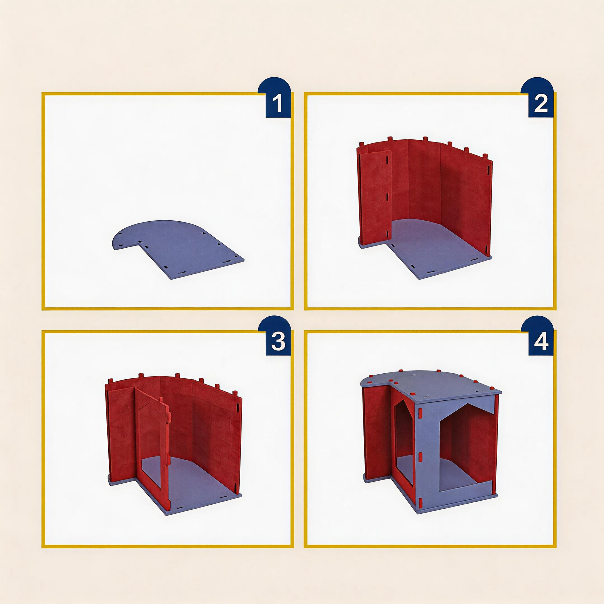 4-step assembly instructions for BusyMeow modular cat house, tool-free felt cat cave setup guide