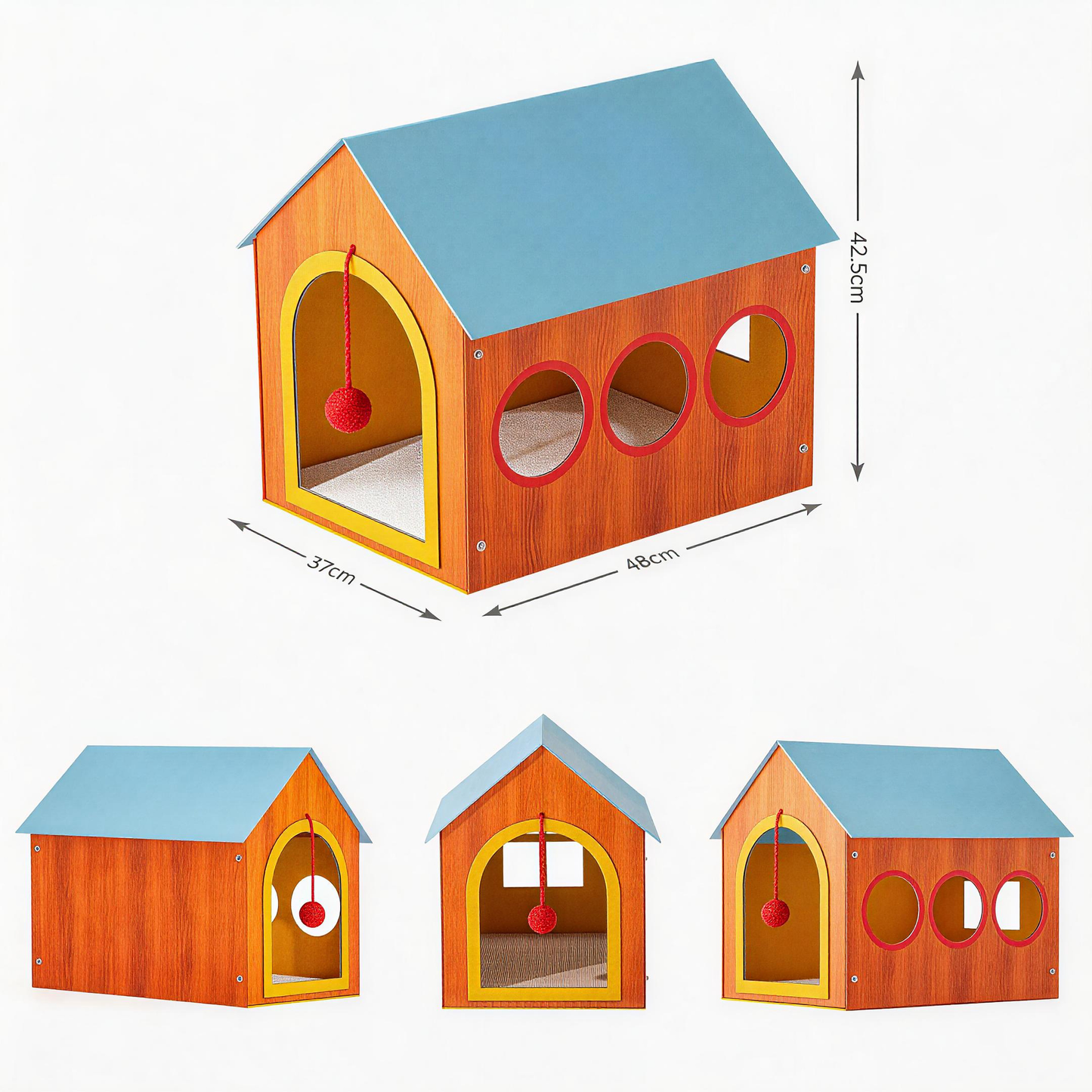 Meow Cottage cat house dimensions 48x37x42.5cm, BusyMeow designer cat furniture 4-view specifications
