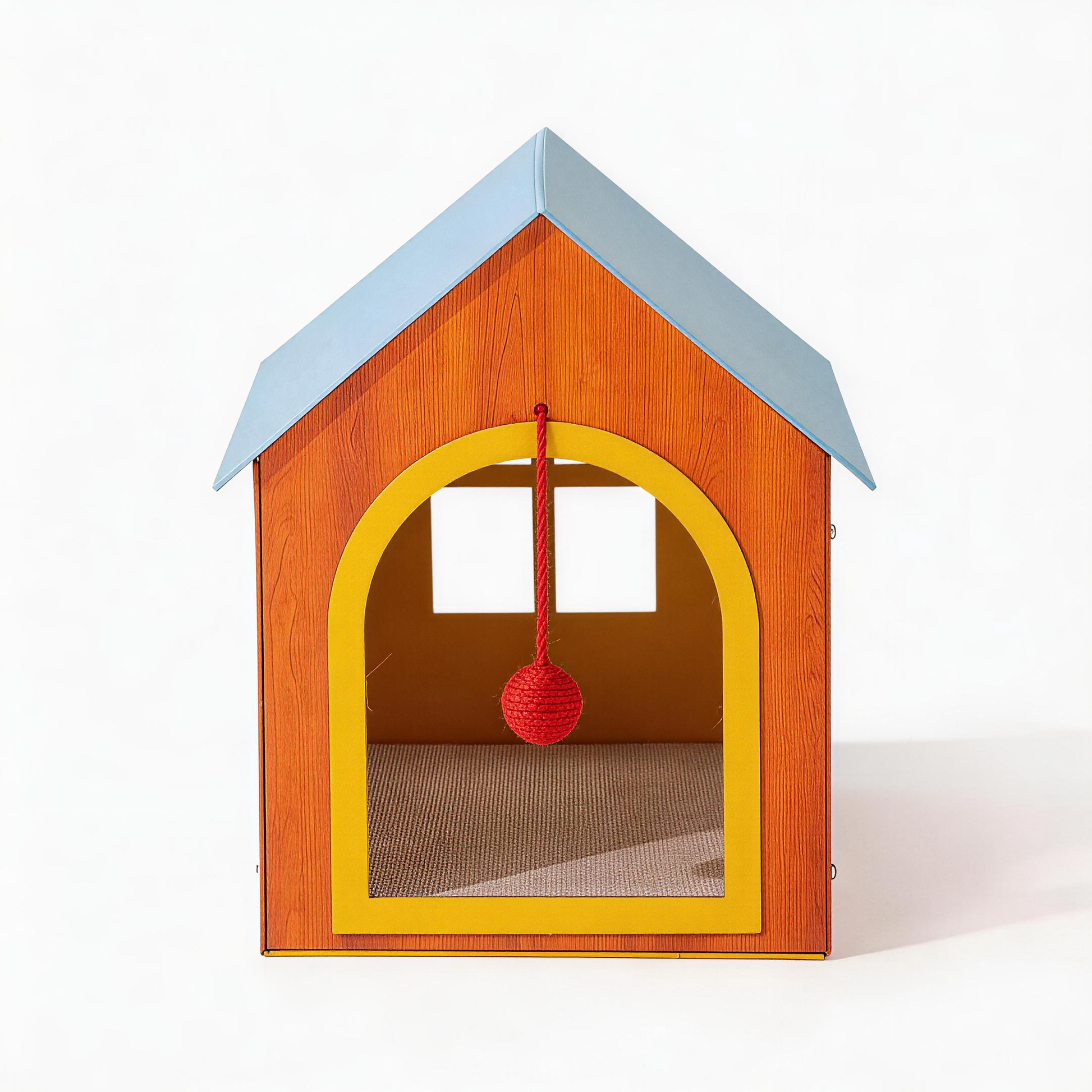 Meow Cottage designer cat house with honey wood frame, blue pitched roof and red dangle ball toy