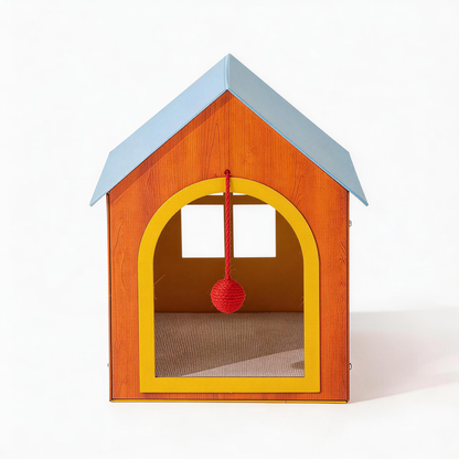 Meow Cottage designer cat house with honey wood frame, blue pitched roof and red dangle ball toy