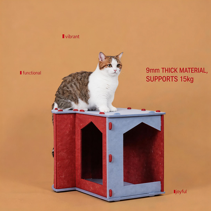 Cat sitting on top of BusyMeow Modular Cat House showing 33 lbs weight capacity