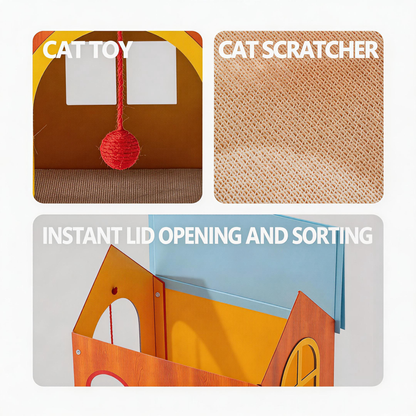 Three-in-one cat house features, BusyMeow Meow Cottage with dangle toy, scratcher board and lift-off roof