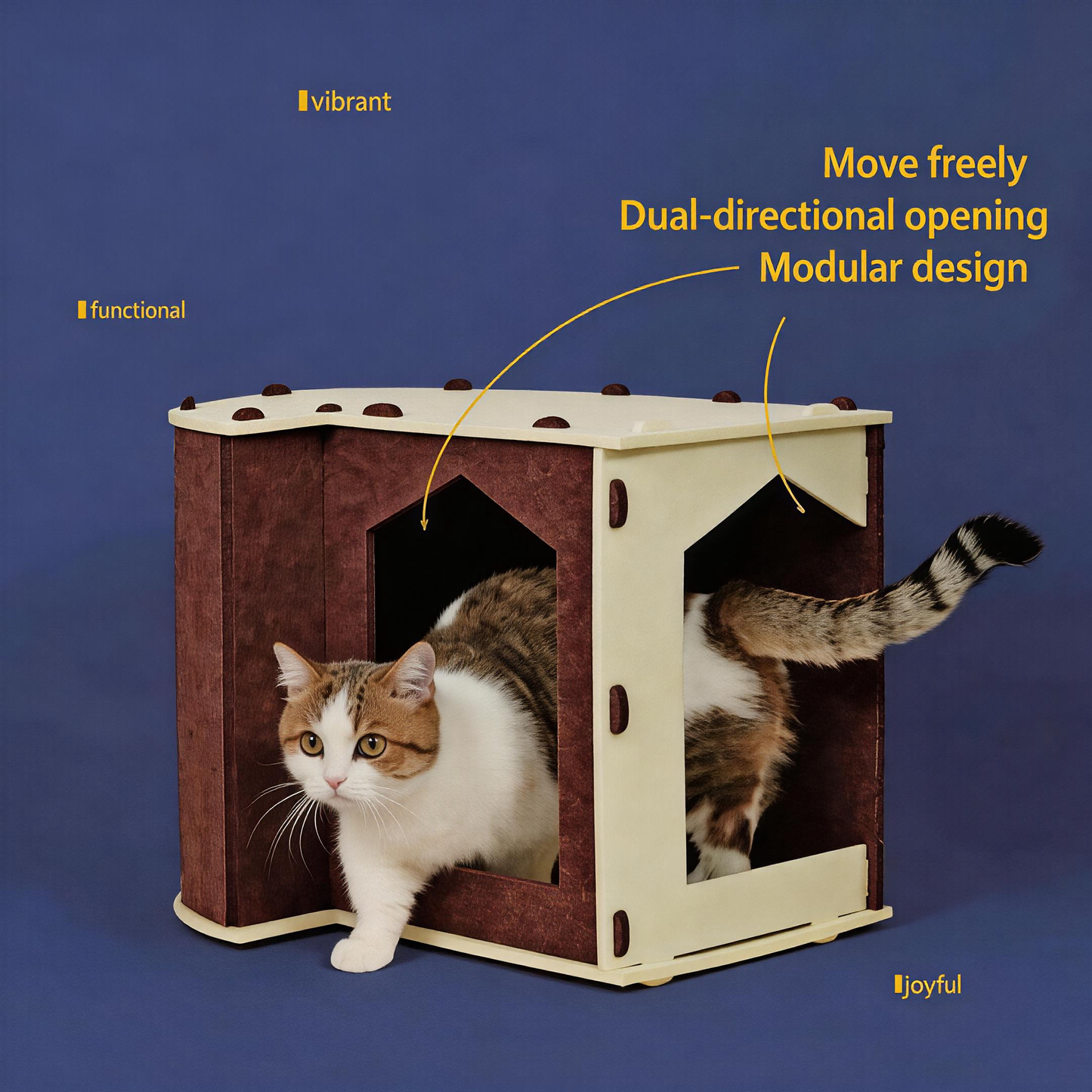 Dual-directional opening modular cat house, tabby cat walking through BusyMeow felt cat cave