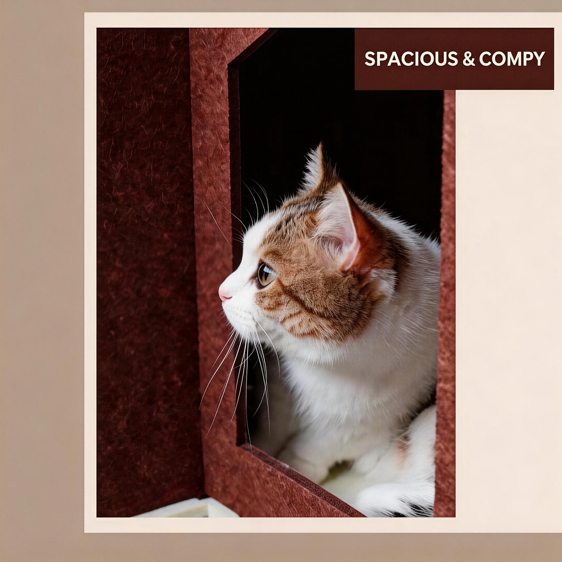 Spacious cat hideout interior, calico cat resting inside cozy BusyMeow felt cat house